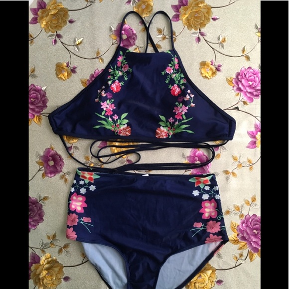 ROMWE Other - Blue Floral Two Piece Halter Swimsuit